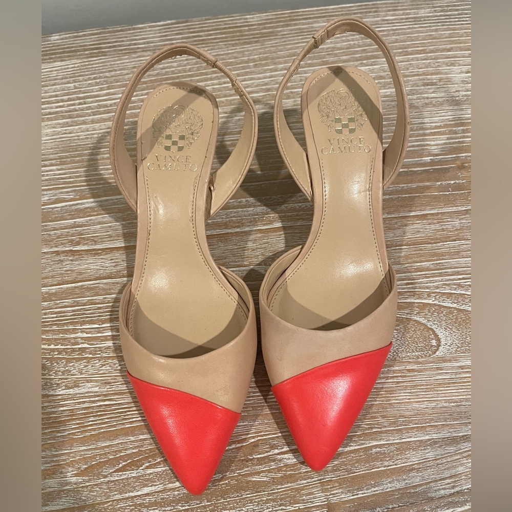 Vince Camuto Tan and Coral Kitten heels